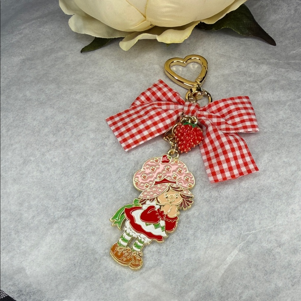 Strawberry Character Keychain with Gingham Bow